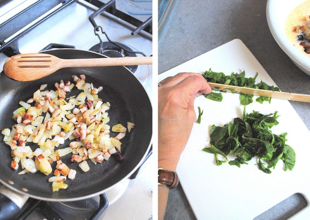 A skillet with cooked onions and pancetta, and chopping spinach on a white board. by 2sistersrecipes.com 