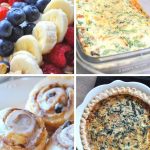 Different breakfast and brunch ideas and recipes for Christmas. Cinnamon rolls, a spinach quiche, egg casserole, and fresh fruit on a plate.