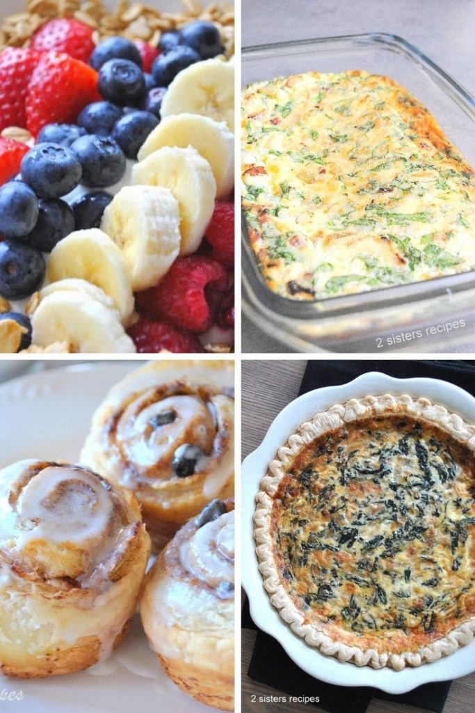 Different breakfast and brunch ideas and recipes for Christmas.  Cinnamon rolls, a spinach quiche, egg casserole, and fresh fruit on a plate.