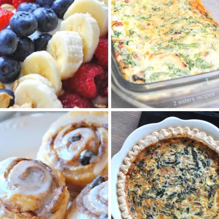 Different breakfast and brunch ideas and recipes for Christmas. Cinnamon rolls, a spinach quiche, egg casserole, and fresh fruit on a plate.