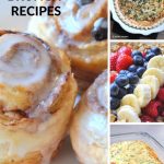 Some cinnamon glazed rolls, fresh sliced fruit, a breakfast casserole and quiche.
