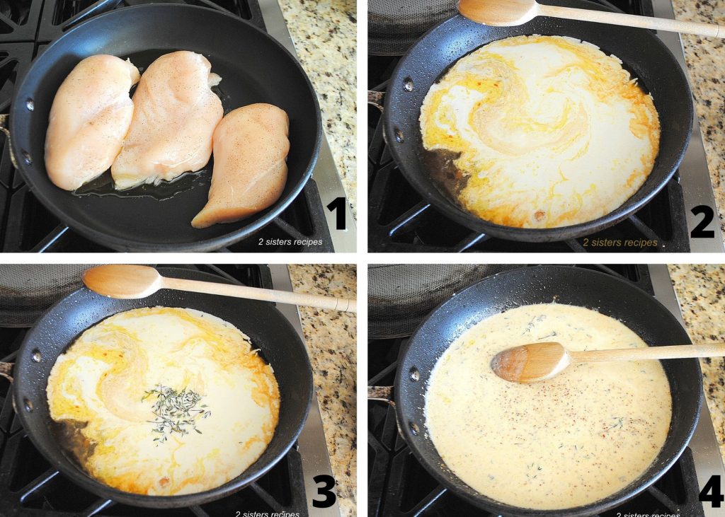 4 photos of skillet cooking the chicken and making the Dijon sauce in the same skillet. by 2sistersrecipes.com