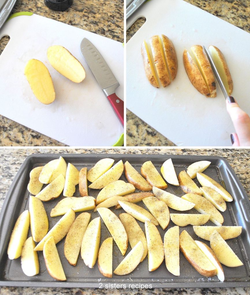 2 photos of cutting a potato into wedges, and scattering them onto a baking pan. by 2sistersrecipes.com