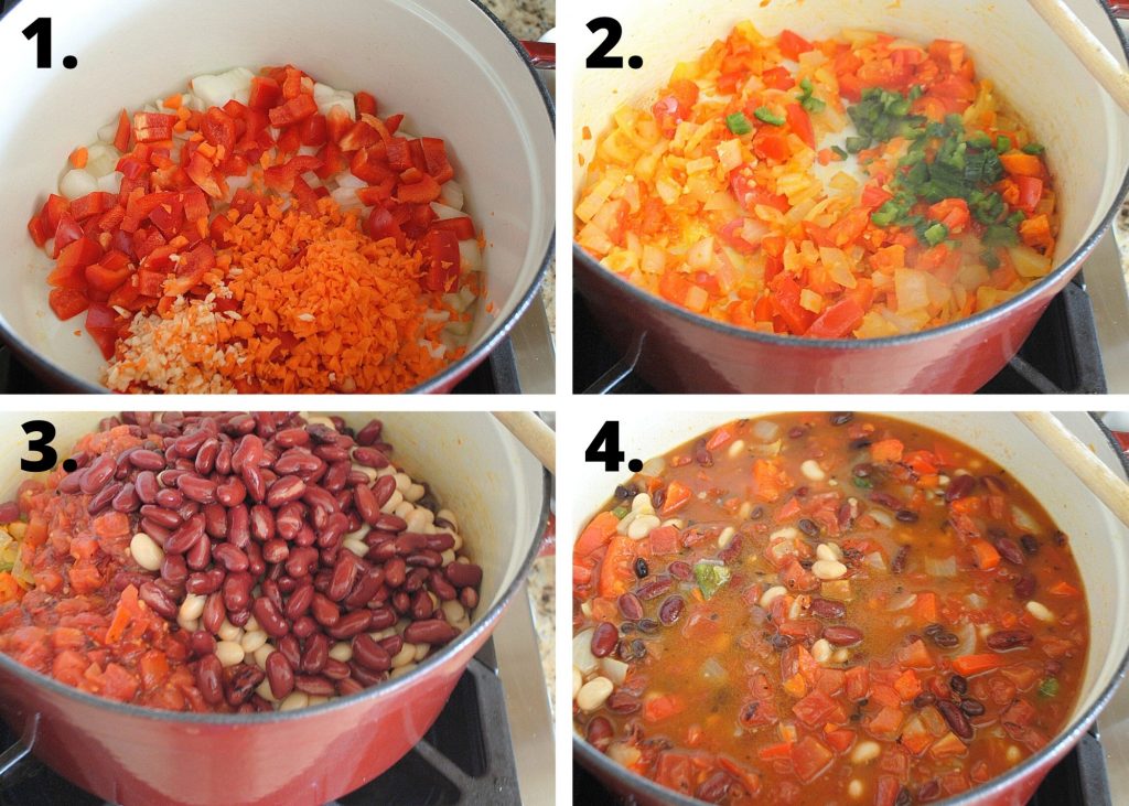4 steps to making this easy chile on stovetop.  by 2sistersrecipes.com 