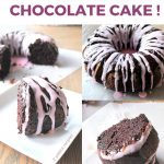 A slice of chocolate cake with pink icing drizzled on top served on a white plate.