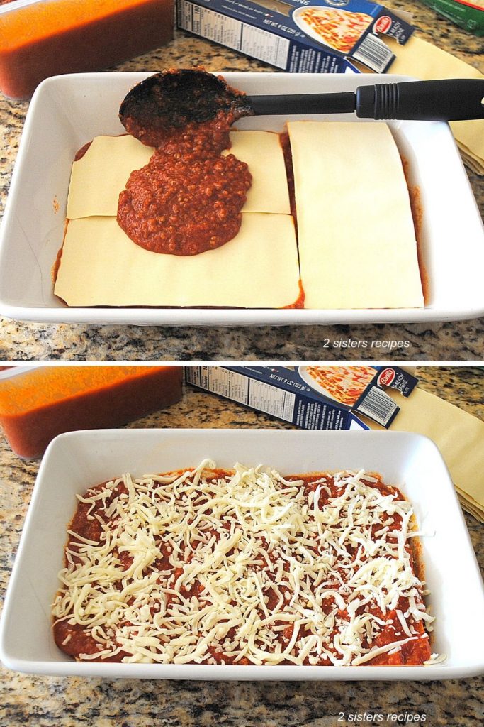 A ladle of tomato sauce is poured over the lasagna sheets, and shredded cheese on top. 