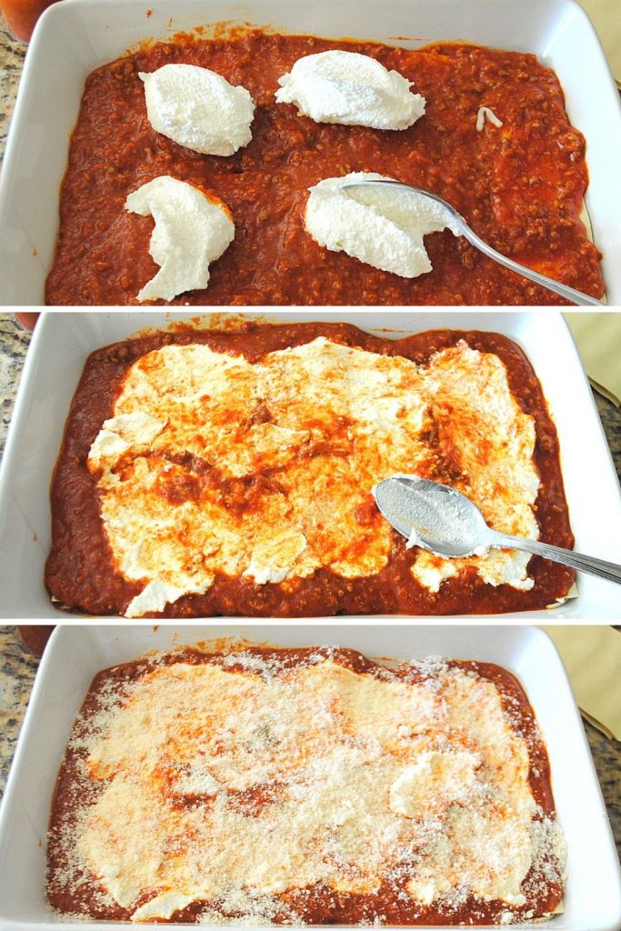 Spoonful's of ricotta on top of tomato sauce, the spreading it with the back of a spoon, and topped with grated parmesan cheese.