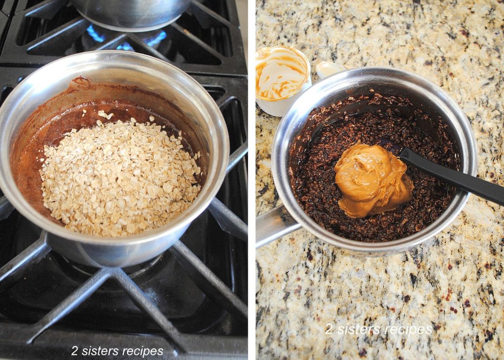 The oats are added to the pot, and then the peanut butter. by 2sistersrecipes.com