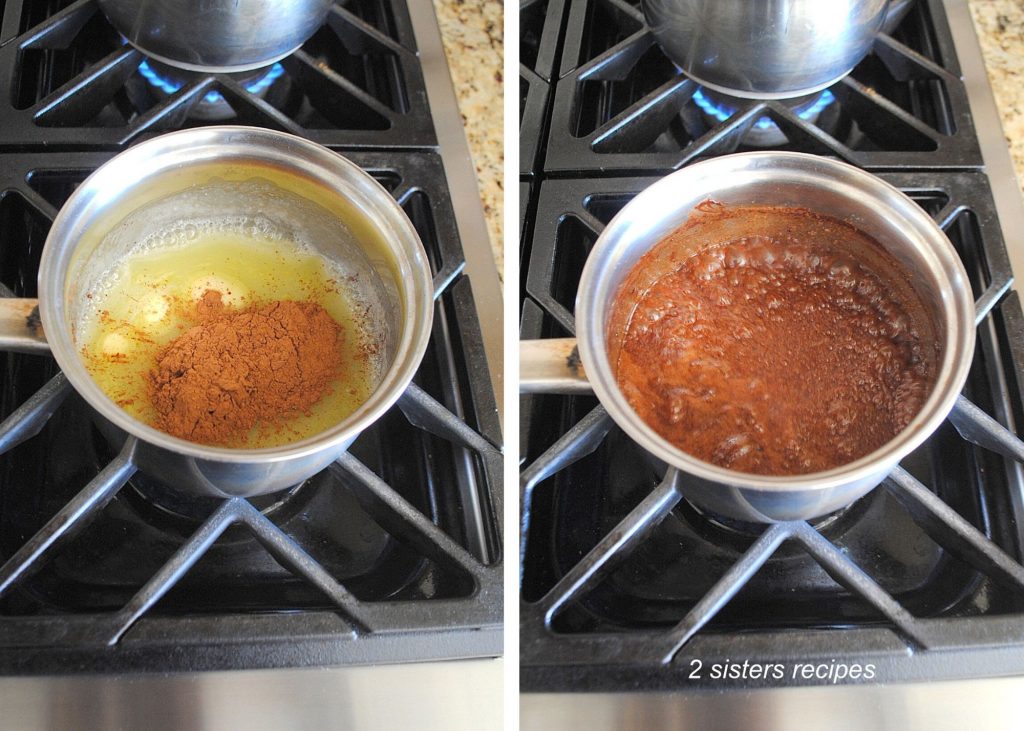 the cocoa powder is added to the mixture in the pot. by 2sistersrecipes.com