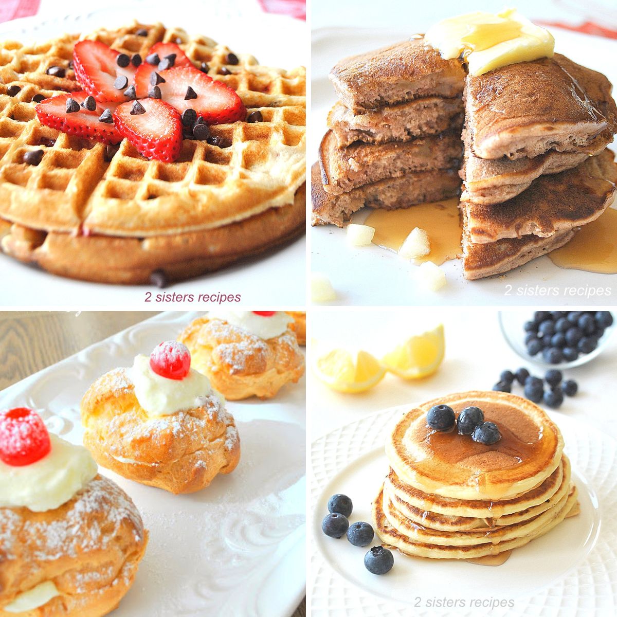Waffles with fresh strawberries on top, a stack of pancakes with butter and syrup on top, a row of cream puffs, and small stack of pancakes with blueberries on top.