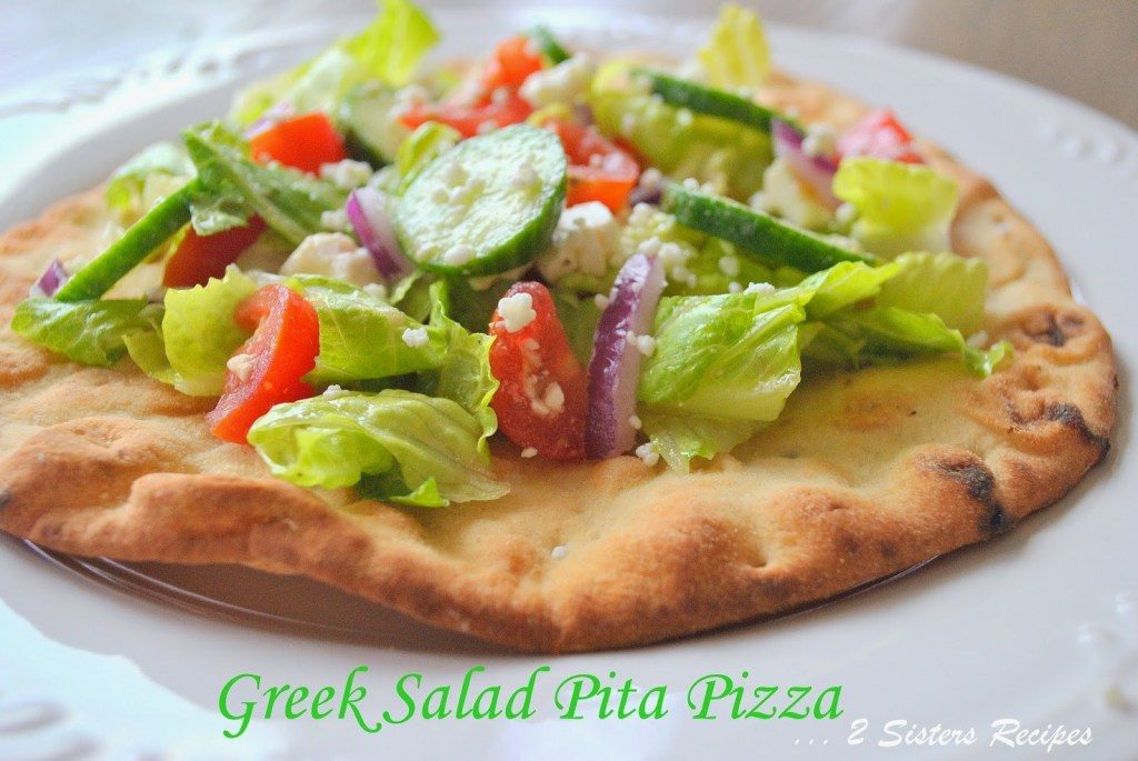 Greek Salad Pita Pizza by 2sistersrecipes.com 