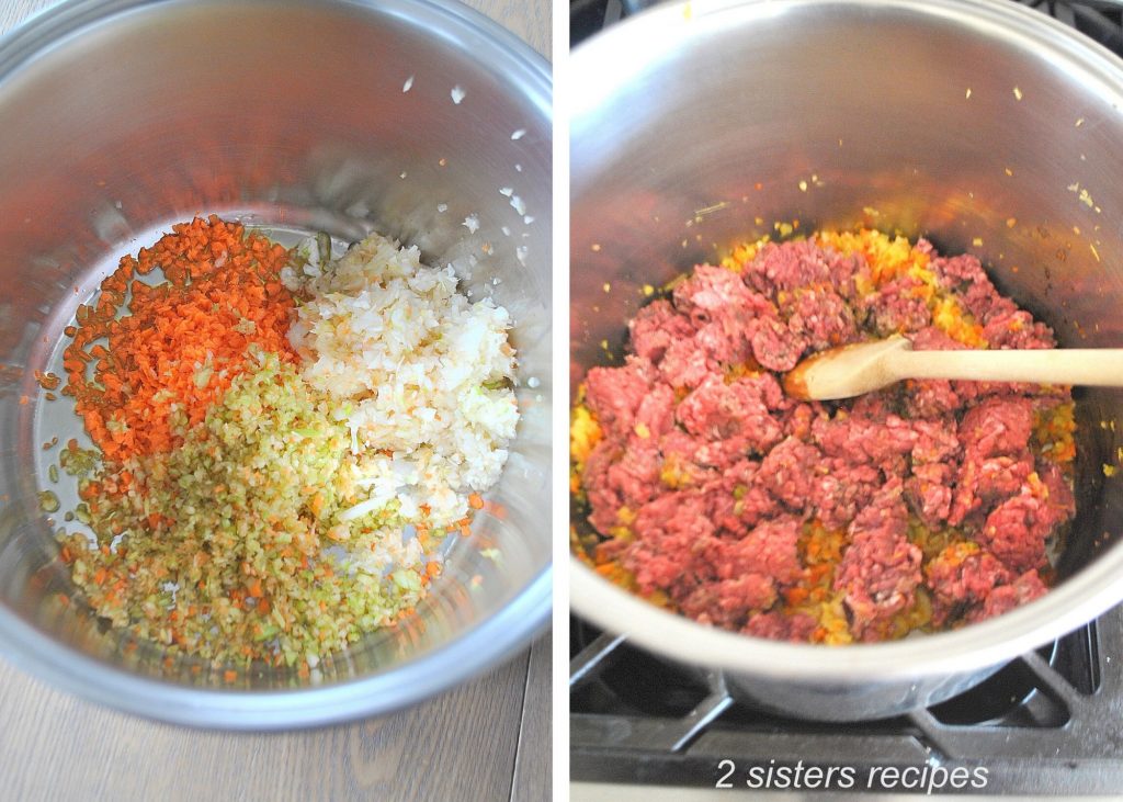 Chopped veggies sauteing on the bottom of a sauce pot. And ground chop meat cooking in the pot. 