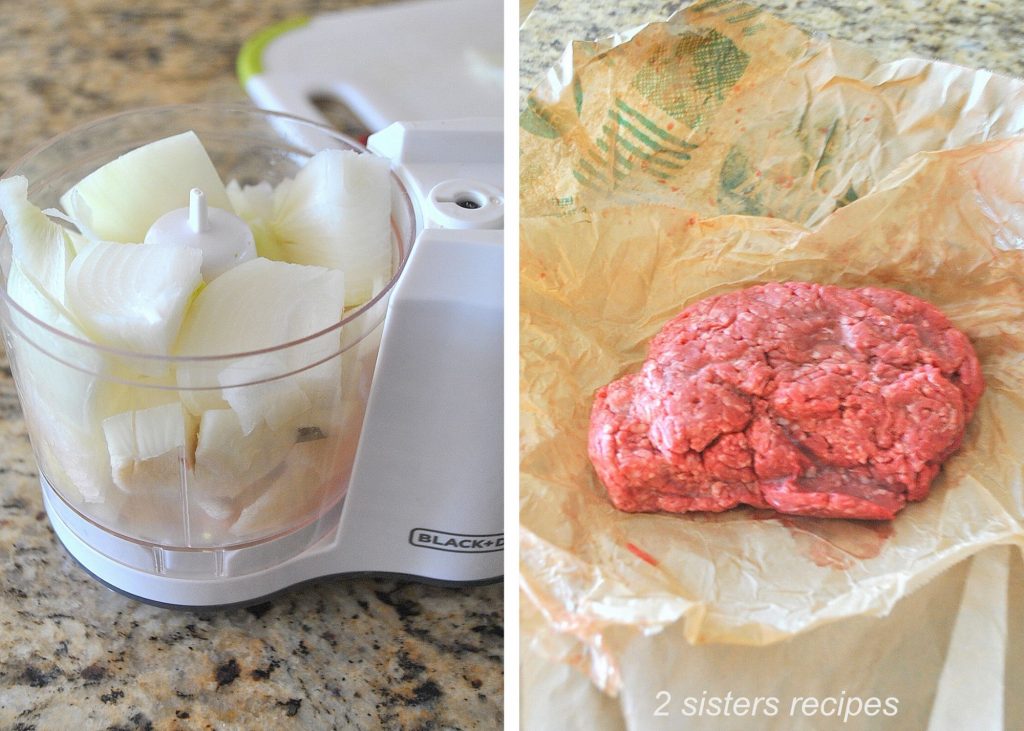 A mini chopper filled with sliced raw onions, and some raw ground beef on a wax paper.