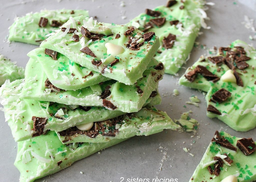 St. Patrick's Day Green Chocolate Bark piled on top of one another.