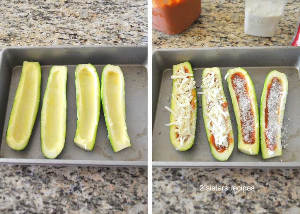 4 zucchini are hollowed out and placed in a baking pan.  by 2sistersrecipes.com