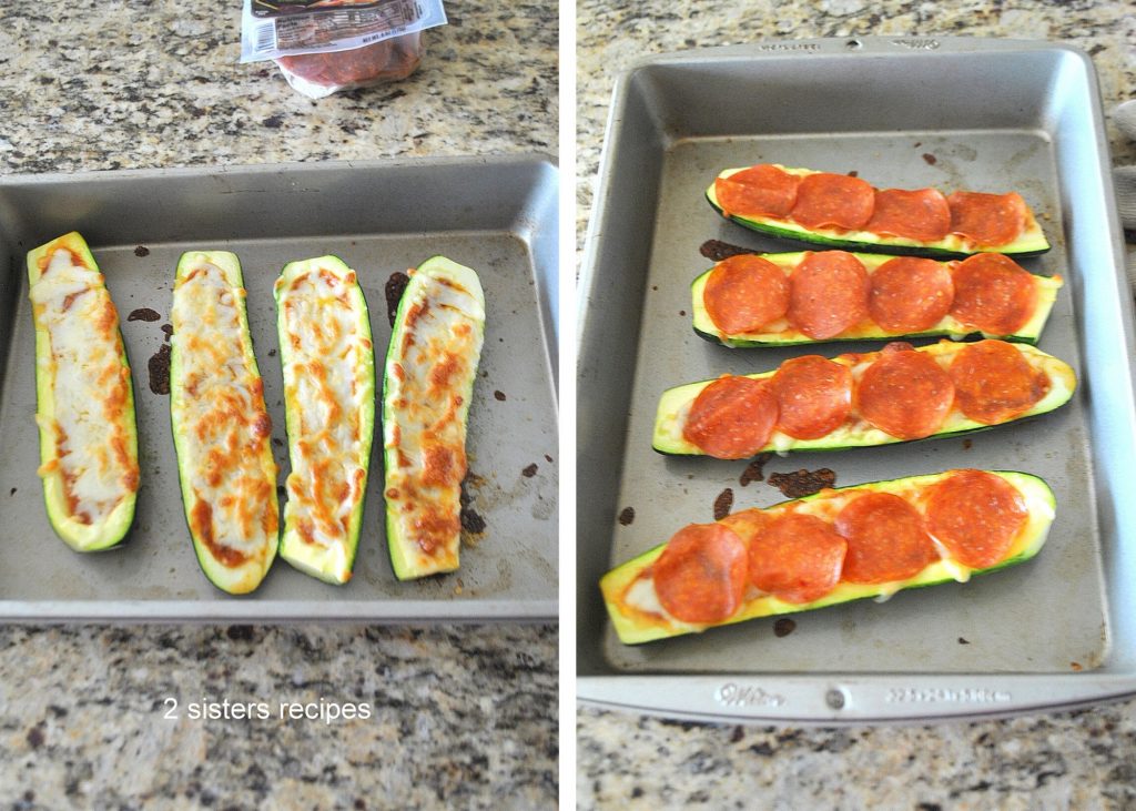 zucchini stuffed with tomato sauce and cheese and baked, then topped with pepperoni slices in a baking pan. by 2sistersrecipes.com