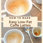 A white mug filled with brewed milk and an empty espresso cup and spoon.