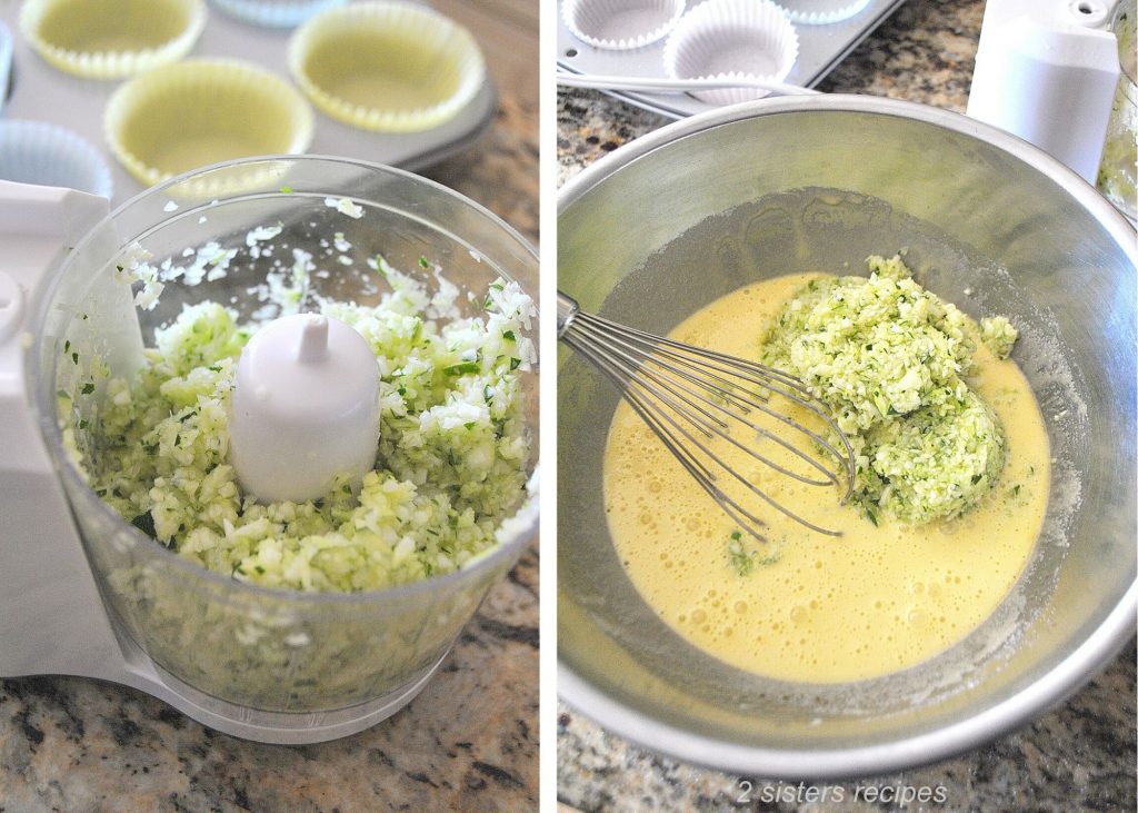 A mini chopper filled with minced zucchini. And a silver bowl with muffin mixture.