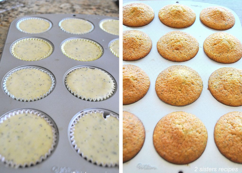 A muffin pan filled with batter mixture, and the other fully baked muffins.