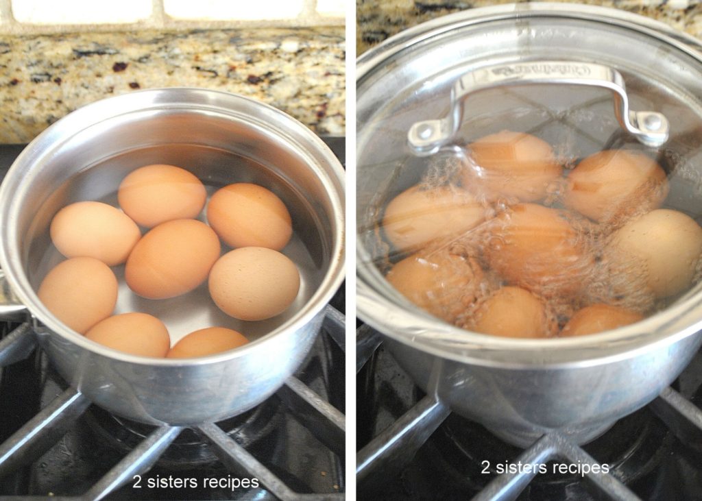 Boiling eggs in a pot of water by 2sistersrecipes.com #DeviledEggstaliantyle#
