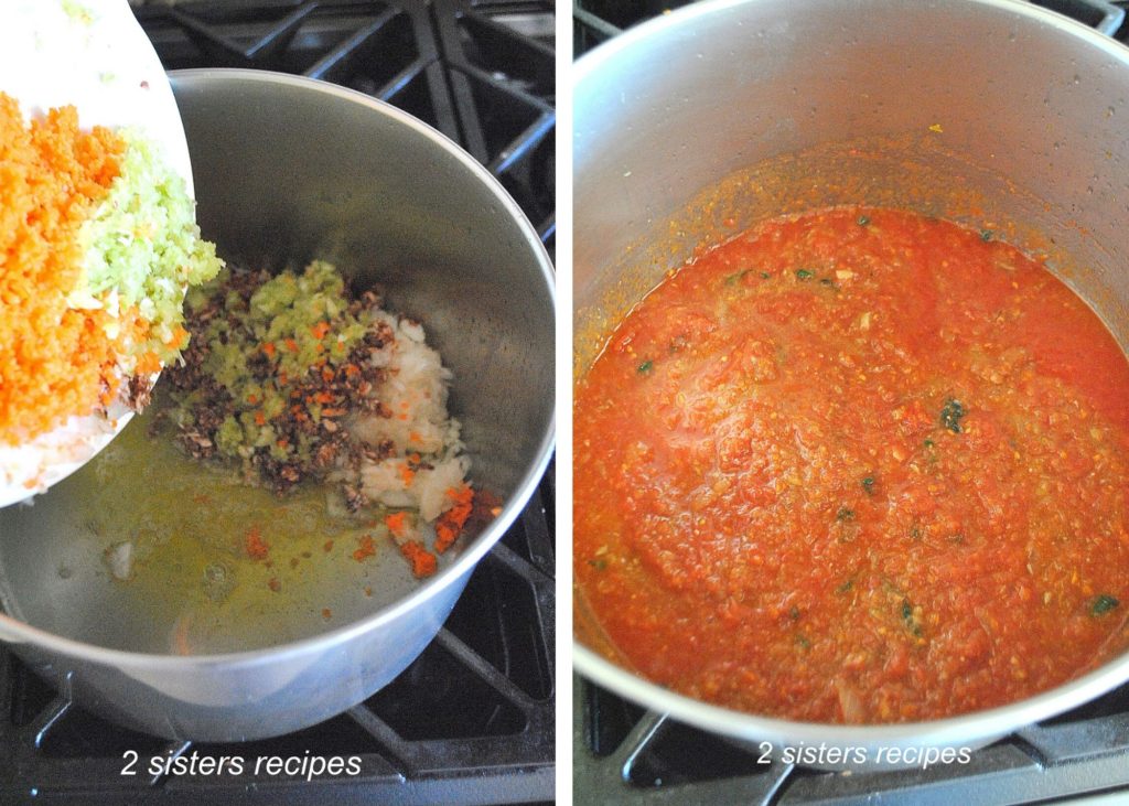 2 photos of chopped mixture of veggies added to a large sauce pot, plus tomatoes.  by 2sistersrecipes.com