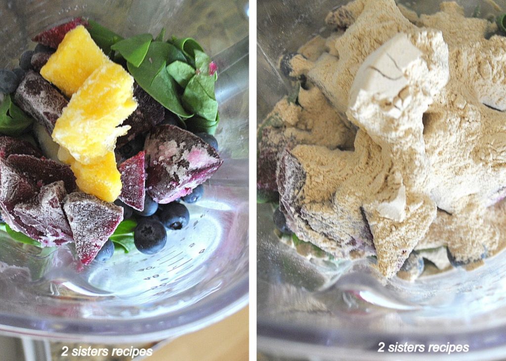 Smoothie ingredients are added to the blender.