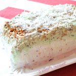 A rectangular shape ice cream with 3 different flavors served on a white platter.
