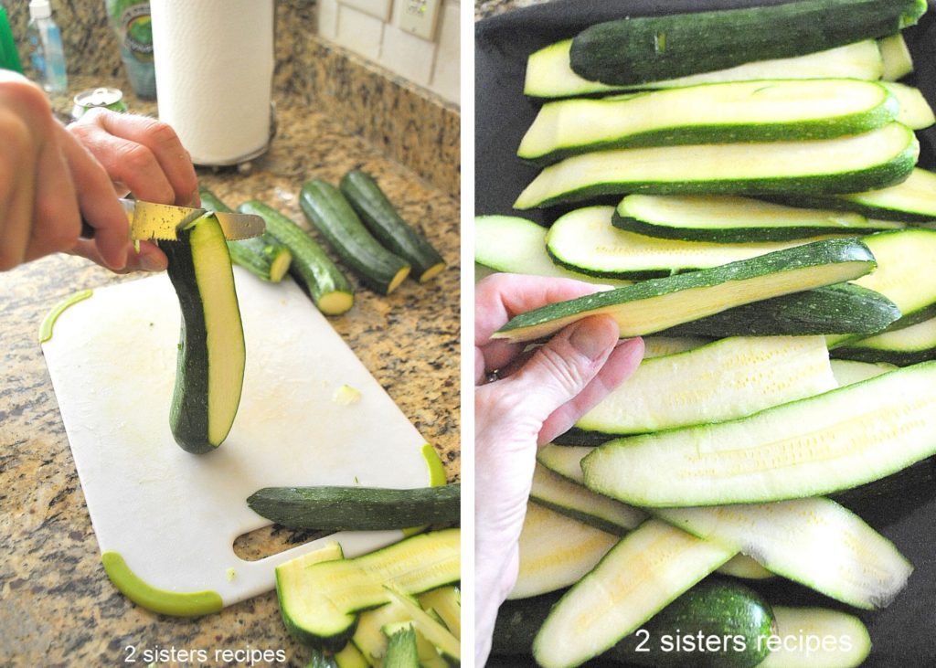 Photo of slicing zucchini into thin slices. by 2sistersrecipes.com 