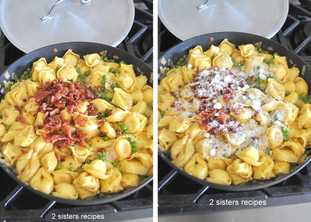 Tortellini cooking in a skillet with peas, bacon and cheese.