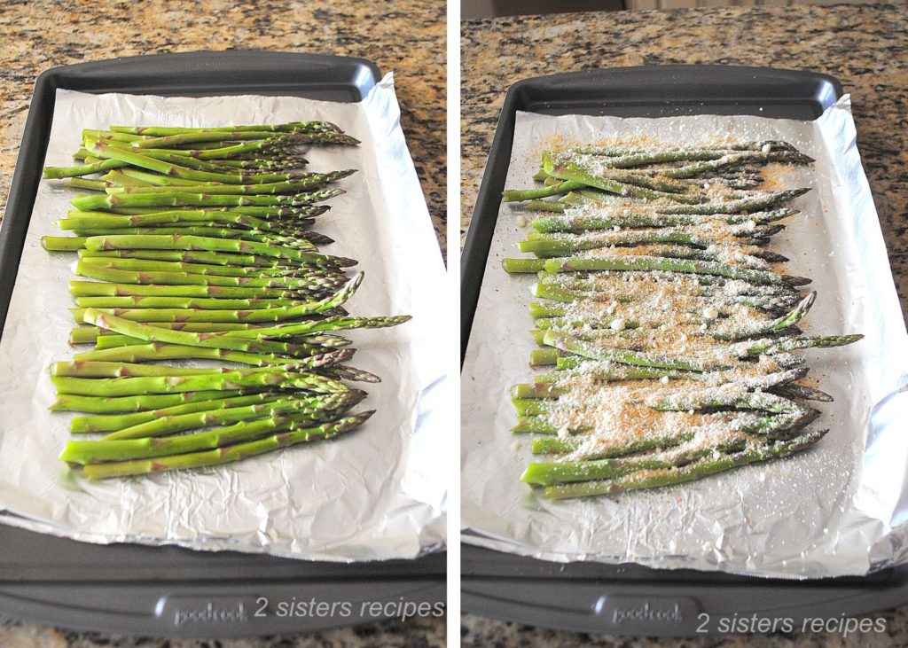 photos of asparagus spread in a baking sheet and topped with breadcrumb mxture. by 2sistersrecipes.com 