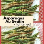 Asparagus au gratin is served on a white platter.
