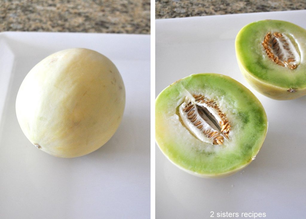 One honeydew melon sliced in half by 2sistersecipes.com