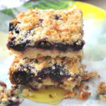 two blueberry lemon bars served on the plate.