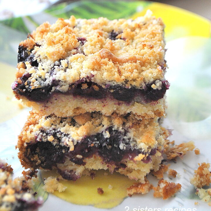two blueberry lemon bars served on the plate.