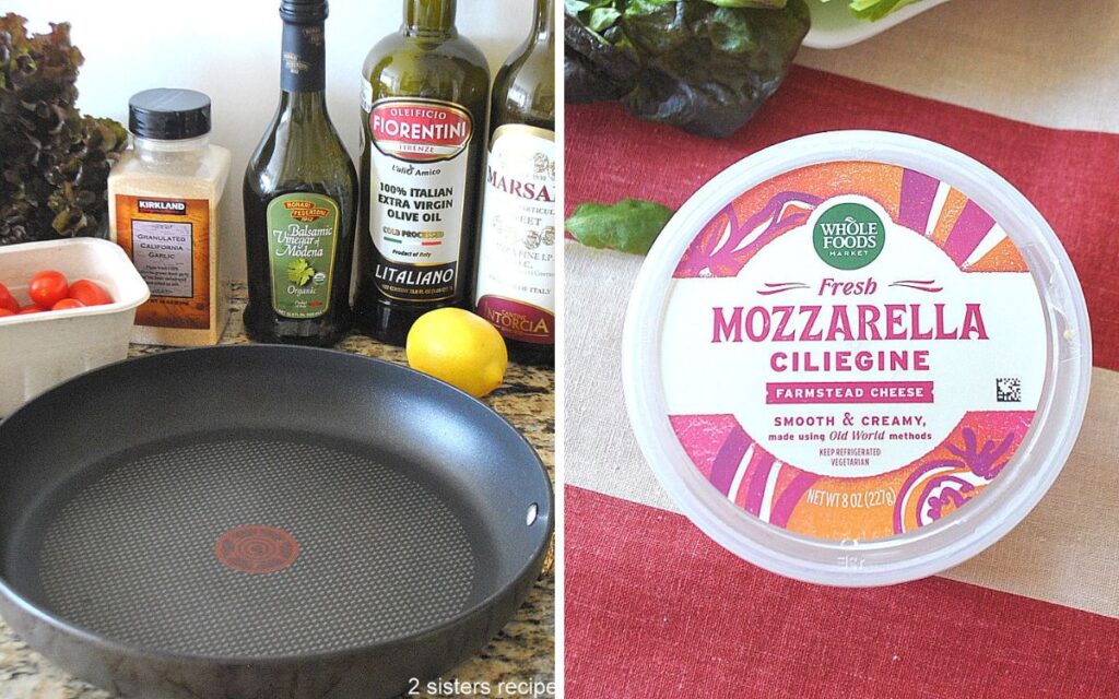 Ingredients are laid on the counter, plus a black skillet, A container with mini mozzarella balls.