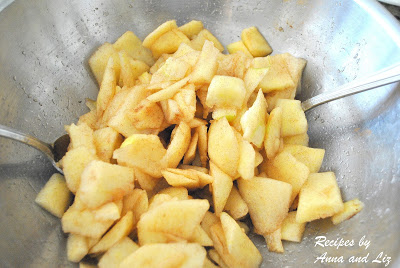 A silver mixing bowl filled with chopped apples tossed with cinnamon.