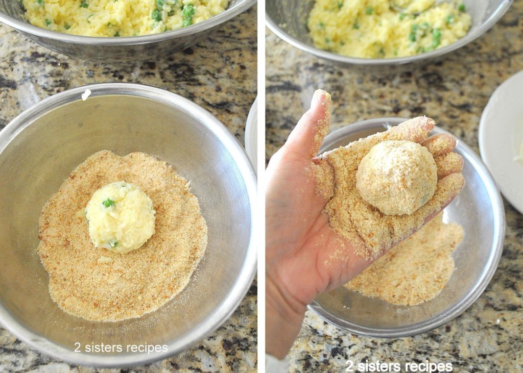 Coating rice balls with bread crumbs by 2sistersrecipes.com 