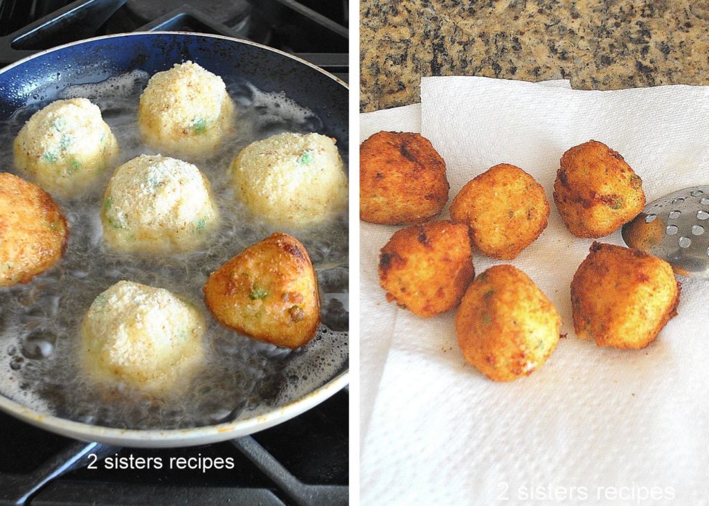 Frying rice balls in hot oil in a skillet by 2sistersrecipes.com 