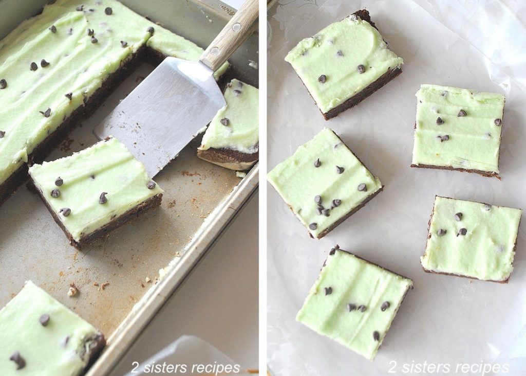 2 photos with a baking dish and brownies cut into pieces. by 2sistersrecipes.com