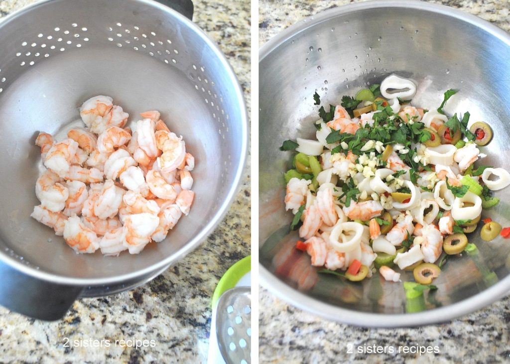 Bowls of cooked shrimp and salad in the other by 2sistersrecipes.com