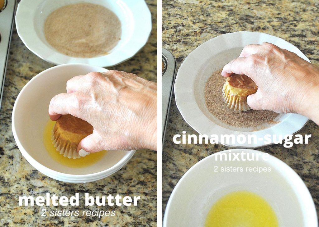 Dipping each muffin into butter then into sugar. by 2sistersrecipes.com 