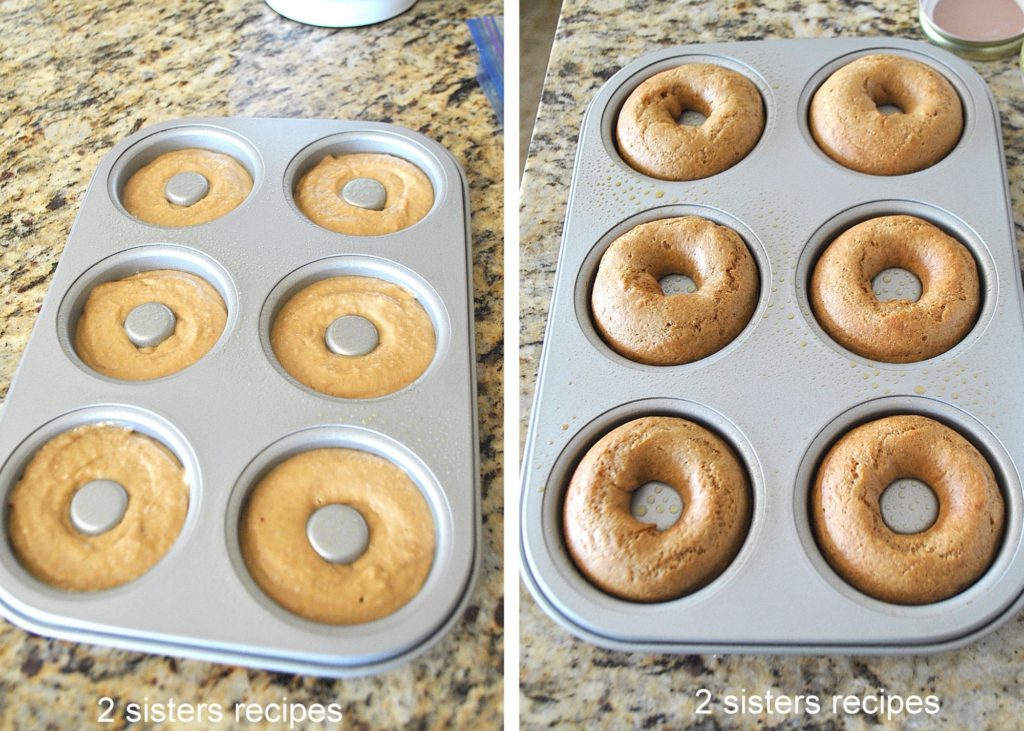 Batter poured into the donut pan and baked. by 2sistersrecipes.com