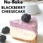 A slice of double layer blackberry cheesecake served on a white plate.