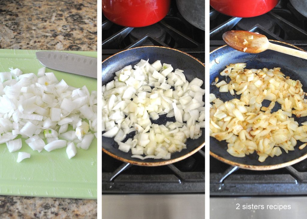 Cooking onions in a skillet on stove top. 