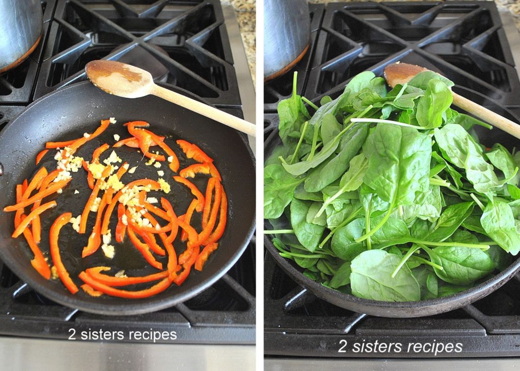 Photos of peppers in a skillet and fresh spinach added to it. 2sistersrecipes.com