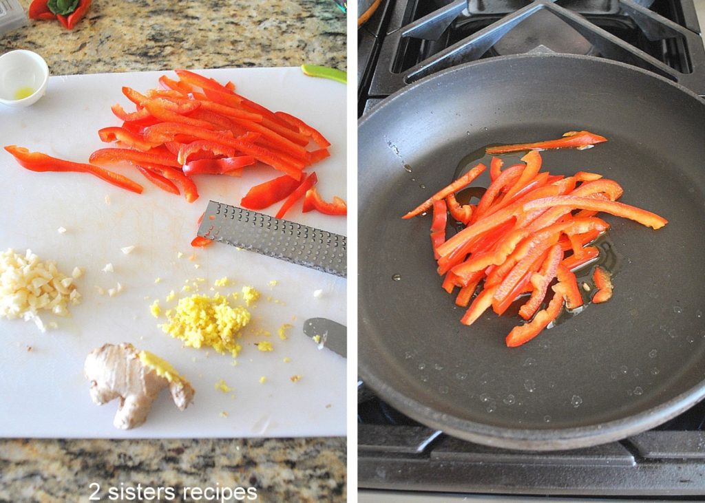 2 photos of red bell peppers sliced on cutting board, and in the skillet. by 2sistersrecipes.com