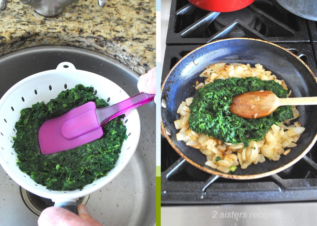 Thawing frozen spinach and draining its liquid over the sink, them sautéing it with the onions in the skillet on stove top.