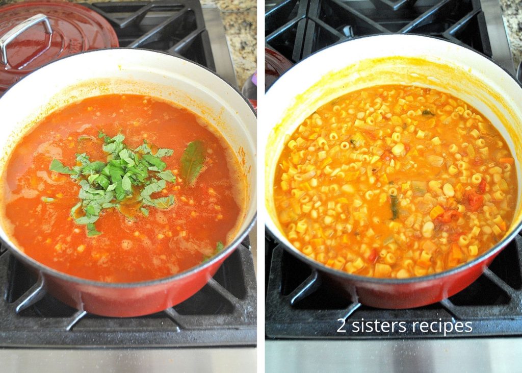 A large Dutch oven pot on stovetop filled with tomatoes, green herbs and beans. 