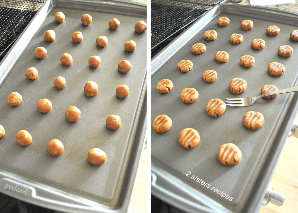 A cookie sheet with balls and the second with pressing down with a fork.  by 2sistersrecipes.com