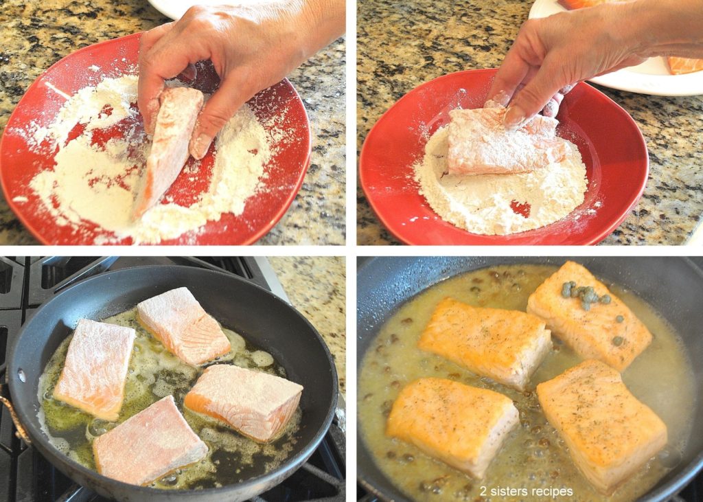 four photos of steps to making salmon piccata by 2sistersrecipes.com 